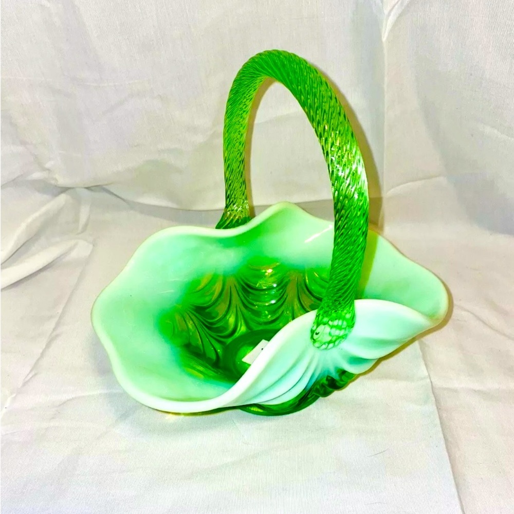 Vintage Vaseline glass Opalescent drapery optic basket